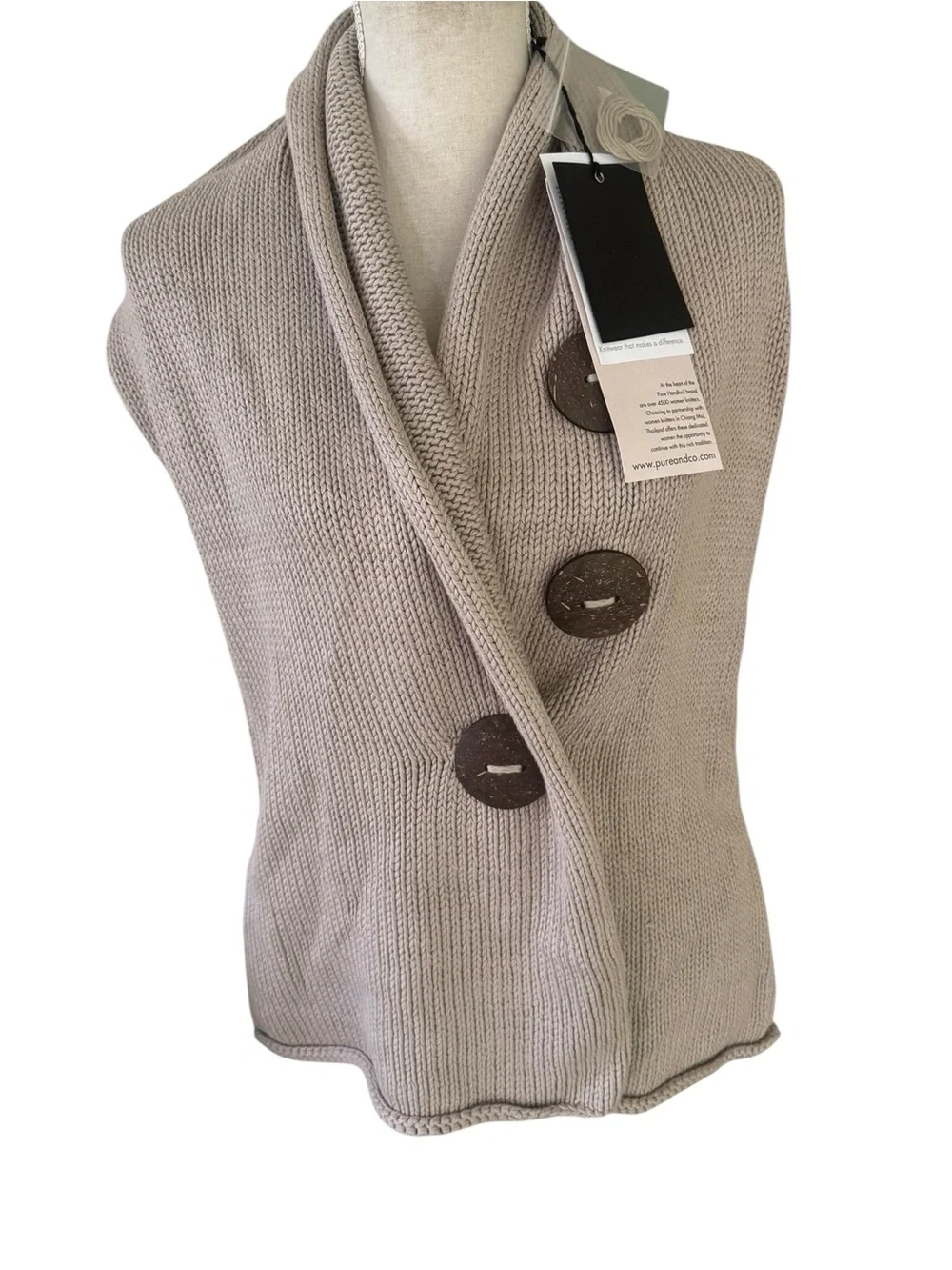Pure Handknit taupe knit wrap scarf shawl coconut shell buttons NWT